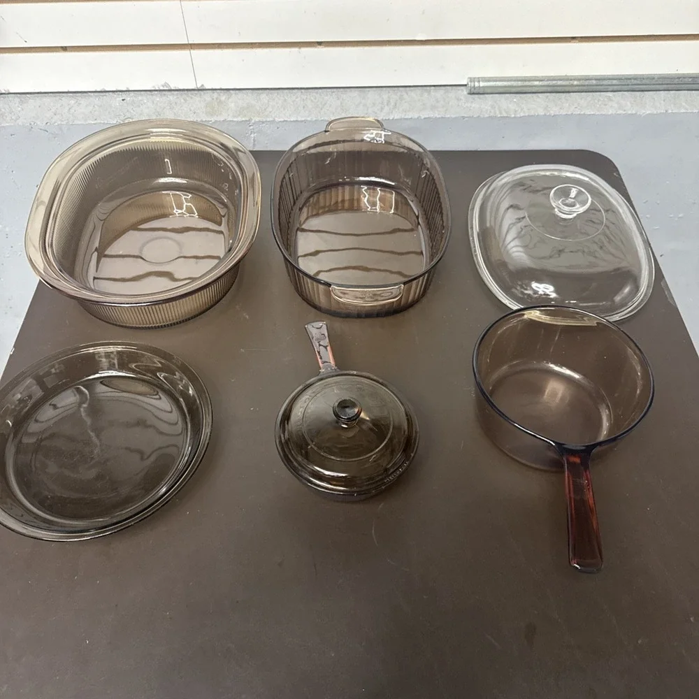 VTG CORNING VISION PYREX 6 Piece Amber & 1 Piece Clear Lid Roasting Pan Pot Pie